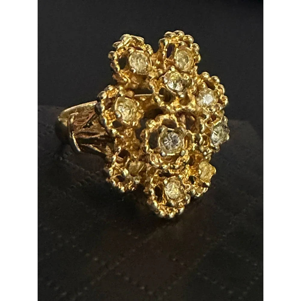 Vintage Ring Brutalist Cluster Rhinestone Gold Plated
